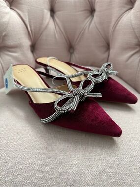 a new day Burgundy Velvet Pointed Slingback Heels with Crystal Bow